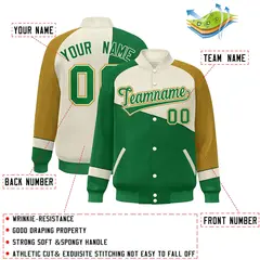 Kelly Green White-Old Gold Color Block Varsity Full-Snap Baseball Jacket 2