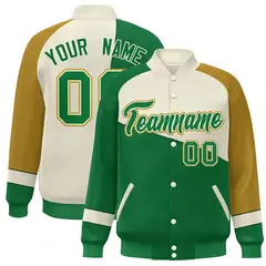 Kelly Green White-Old Gold Color Block Varsity Full-Snap Baseball Jacket