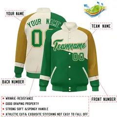 Kelly Green White-Old Gold Color Block Varsity Full-Snap Baseball Jacket 2
