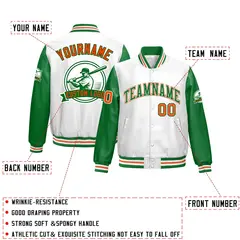 Kelly Green White Orange Faux Leather Letterman Jacket Raglan Full-Snap 2
