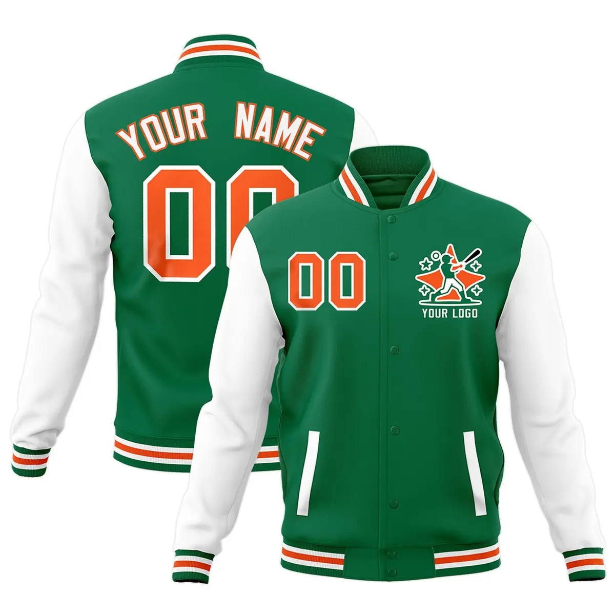 Kelly Green White Orange Raglan Full-Snap Letterman Cotton Jacket