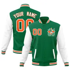 Kelly Green White Orange Raglan Full-Snap Letterman Cotton Jacket