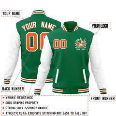 Kelly Green White Orange Raglan Full-Snap Letterman Cotton Jacket 2