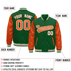 Kelly Green White Orange Raglan Full-Snap Letterman Jacket Leather Sleeves 2