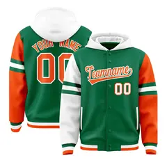 Kelly Green White-Orange Raglan Three Stripes Varsity Full-Snap Letterman Jacket Hoodie 1