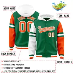 Kelly Green White-Orange Raglan Three Stripes Varsity Full-Snap Letterman Jacket Hoodie 4