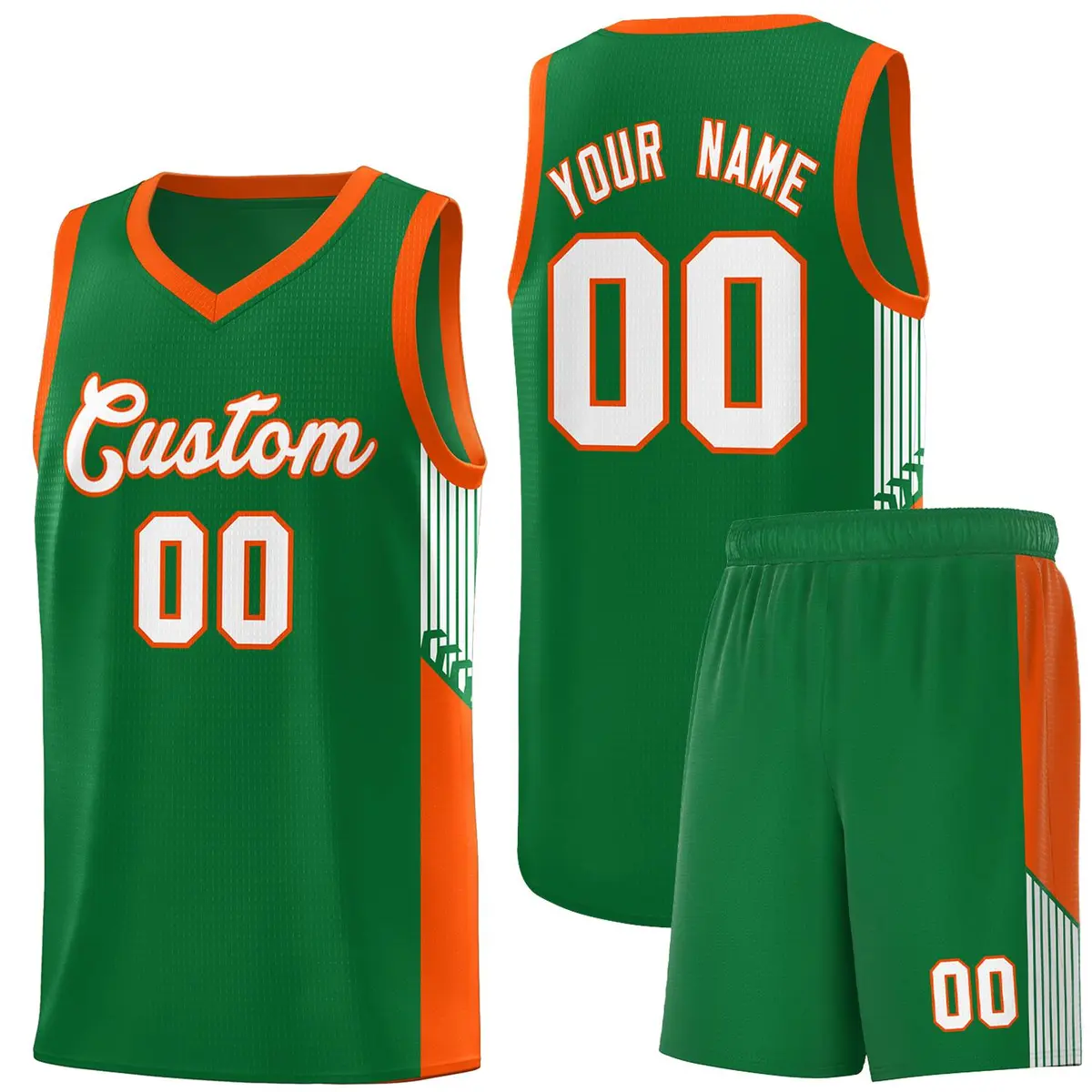 Kelly Green White-Orange Side Stripe Basketball Jersey