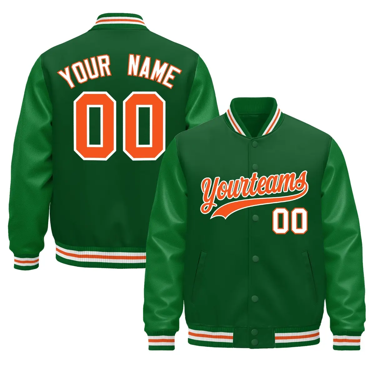 Kelly Green White Orange Varsity Jacket with Faux Leather Sleeves