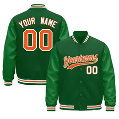 Kelly Green White Orange Varsity Jacket with Faux Leather Sleeves 1