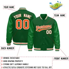 Kelly Green White Orange Varsity Jacket with Faux Leather Sleeves 2
