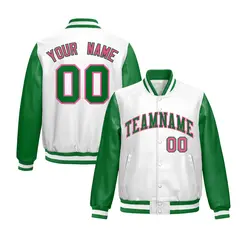 Kelly Green White Raglan Full-Snap Varsity Faux Leather Letterman Jacket