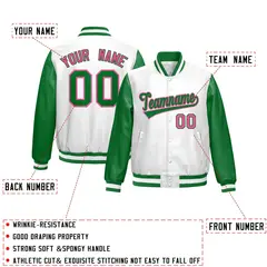 Kelly Green White Raglan Full-Snap Varsity Faux Leather Letterman Jacket 2