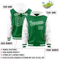 Kelly Green White Raglan Sleeves Full-Snap Varsity Letterman Two Tone Jacket Hoodie 4