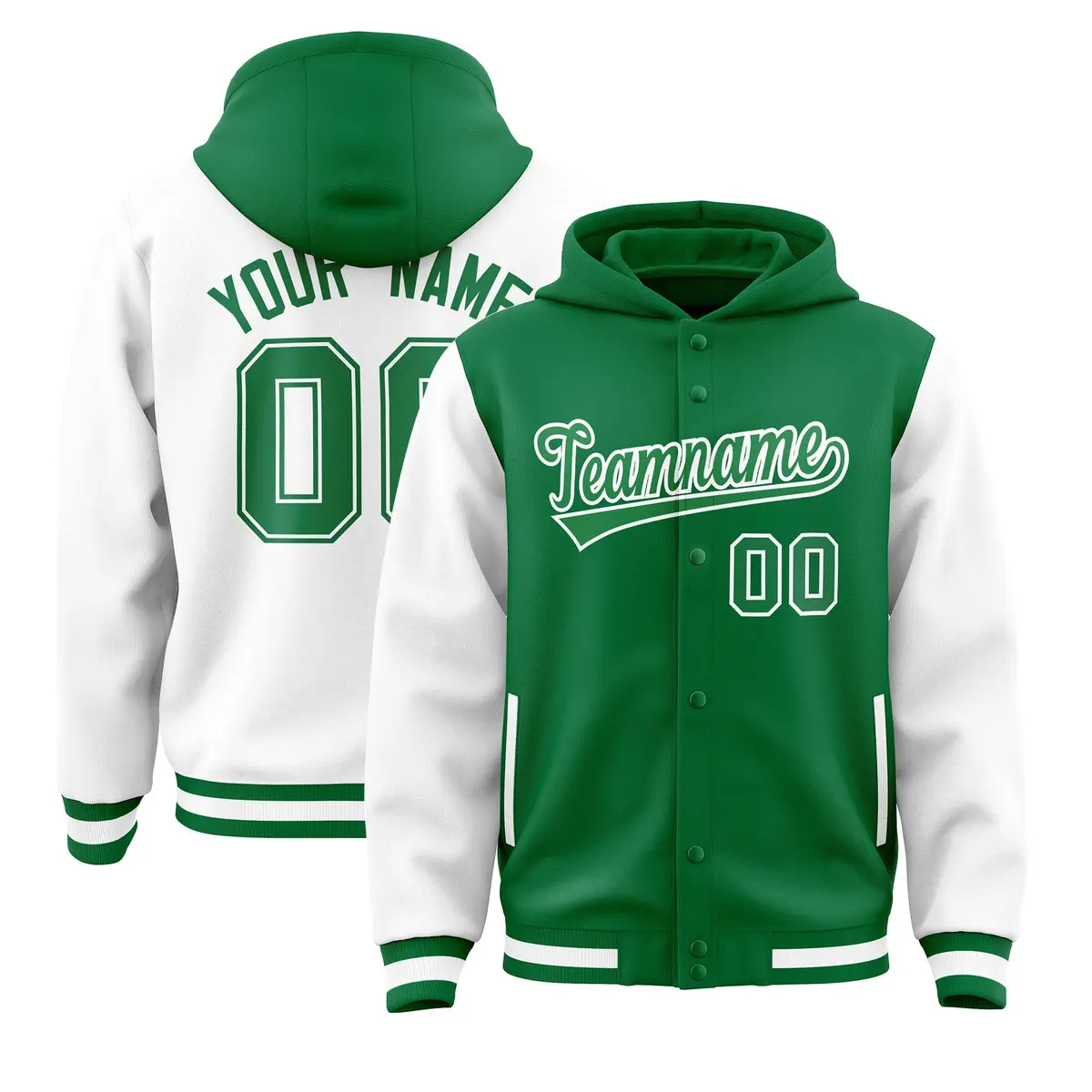 Kelly Green White Raglan Sleeves Full-Snap Varsity Letterman Two Tone Jacket Hoodie
