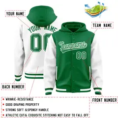 Kelly Green White Raglan Sleeves Full-Snap Varsity Letterman Two Tone Jacket Hoodie 4