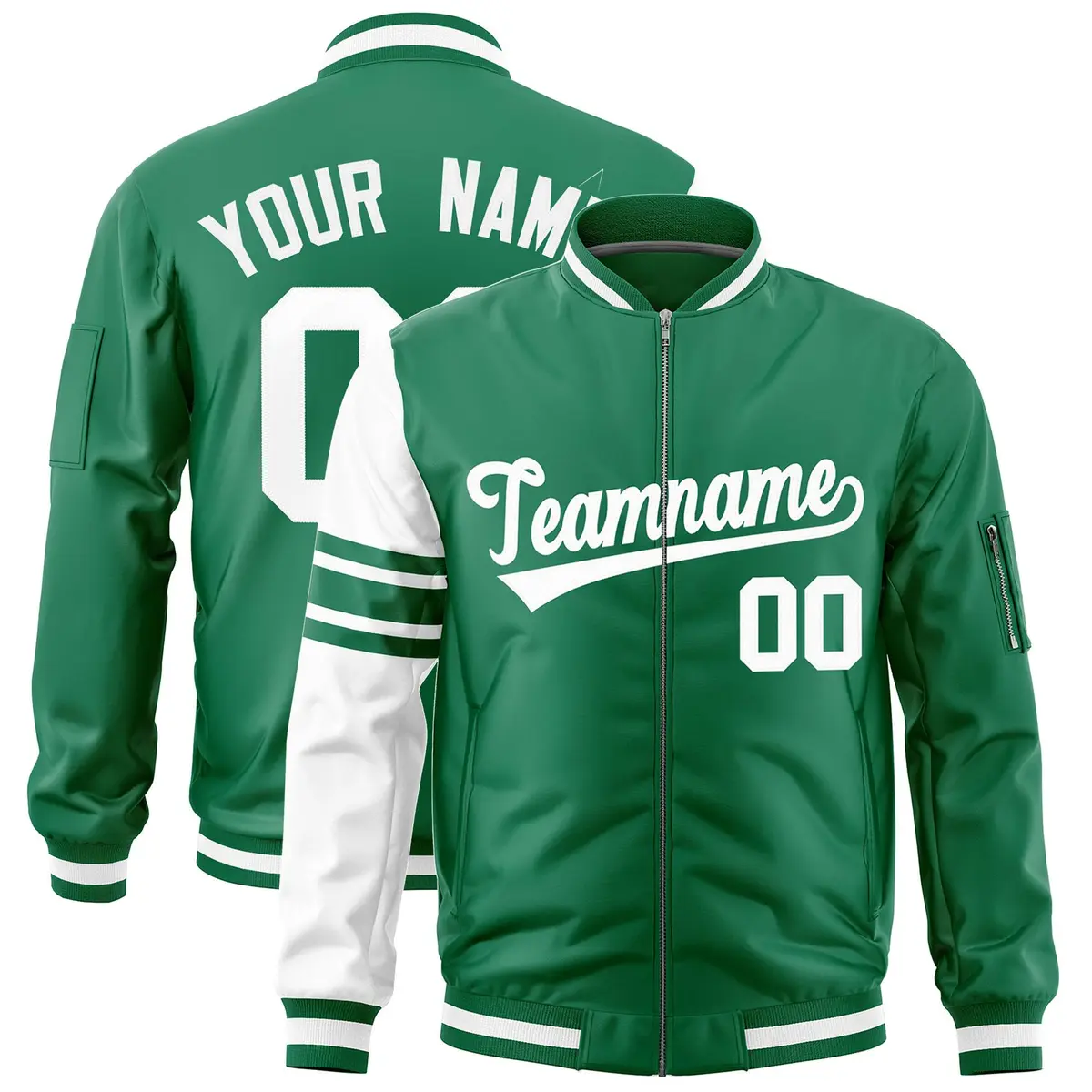 Kelly Green White Raglan Stripe Varsity Full-Zip Letterman Bomber Jacket