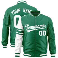 Kelly Green White Raglan Stripe Varsity Full-Zip Letterman Bomber Jacket