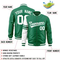 Kelly Green White Raglan Stripe Varsity Full-Zip Letterman Bomber Jacket 2
