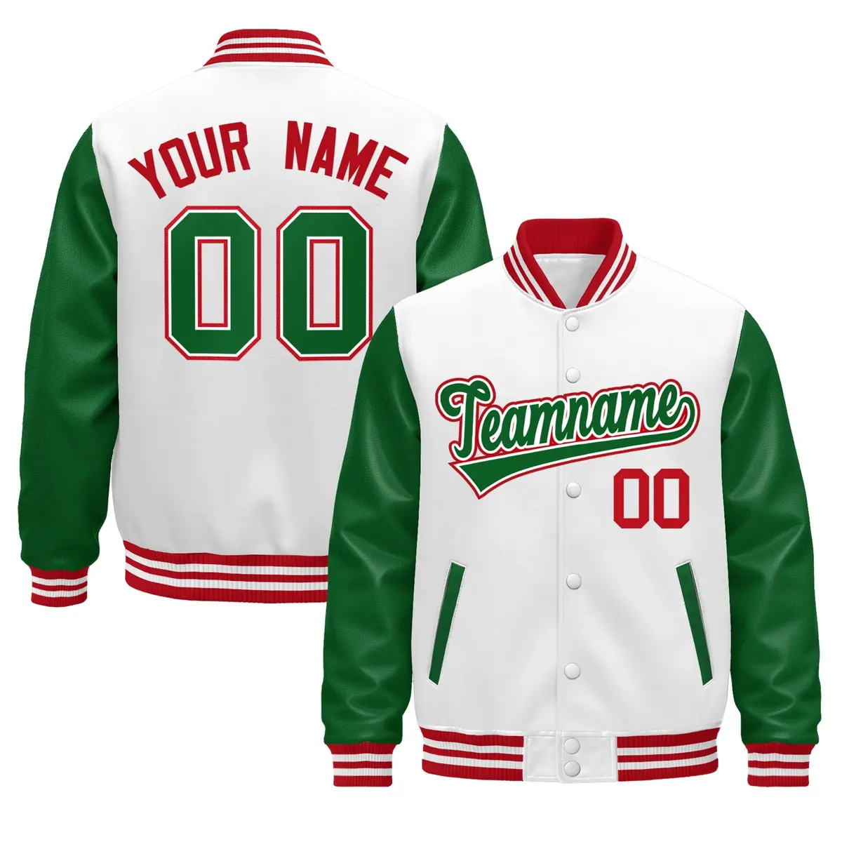 Kelly Green White Red Raglan Varsity Full-Snap Leather Sleeves Letterman Jacket
