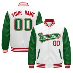 Kelly Green White Red Raglan Varsity Full-Snap Leather Sleeves Letterman Jacket 1