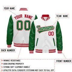 Kelly Green White Red Raglan Varsity Full-Snap Leather Sleeves Letterman Jacket 2