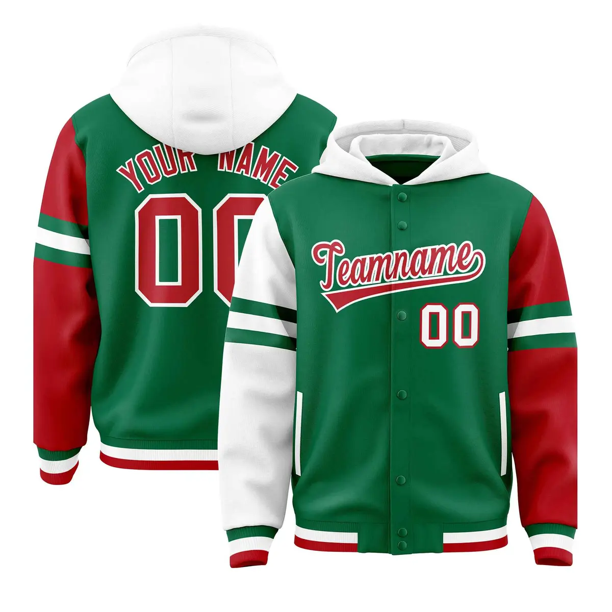 Kelly Green White-Red Varsity Letterman Three Stripes Raglan Jacket Hoodie