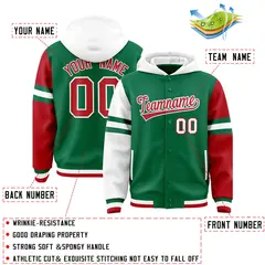 Kelly Green White-Red Varsity Letterman Three Stripes Raglan Jacket Hoodie 4