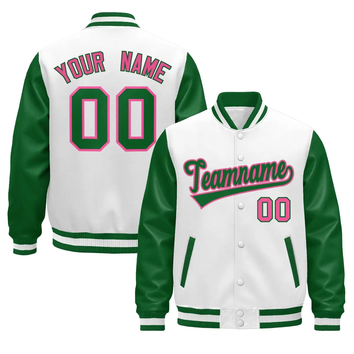 Kelly Green White Rose Red Raglan Varsity Full-Snap Leather Sleeves Letterman Jacket