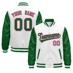 Kelly Green White Rose Red Raglan Varsity Full-Snap Leather Sleeves Letterman Jacket 1