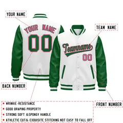 Kelly Green White Rose Red Raglan Varsity Full-Snap Leather Sleeves Letterman Jacket 2