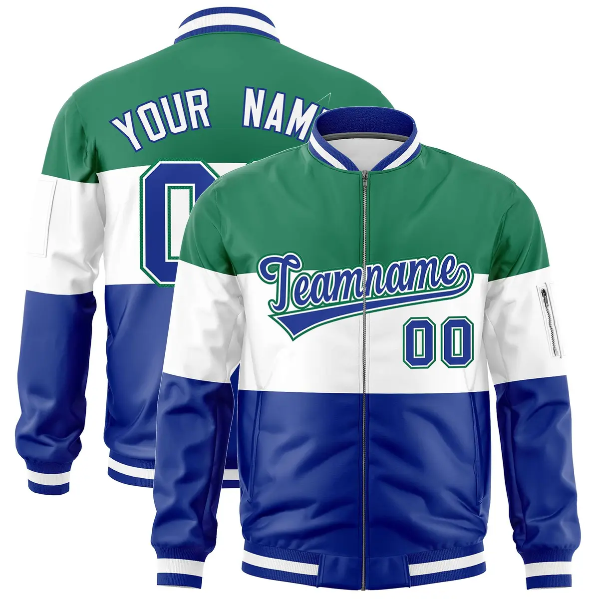 Kelly Green White-Royal Varsity Color Block Full-Zip Letterman Bomber Jacket