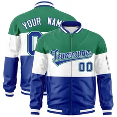Kelly Green White-Royal Varsity Color Block Full-Zip Letterman Bomber Jacket