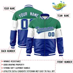 Kelly Green White-Royal Varsity Color Block Full-Zip Letterman Bomber Jacket 2