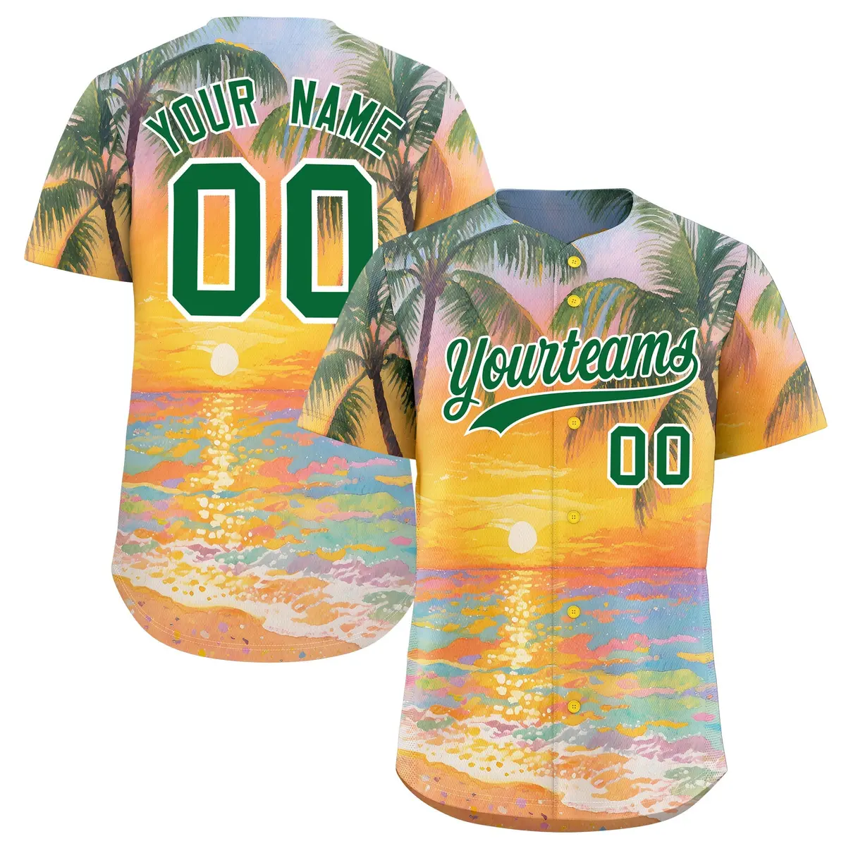 Kelly Green White Sunset Hawaiian Graffiti Palm Tree Baseball Jersey