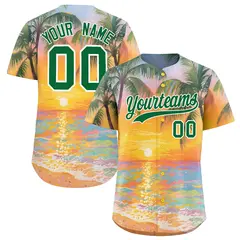 Kelly Green White Sunset Hawaiian Graffiti Palm Tree Baseball Jersey