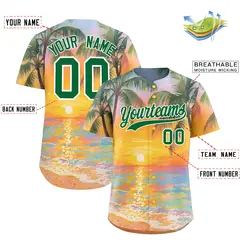 Kelly Green White Sunset Hawaiian Graffiti Palm Tree Baseball Jersey 2