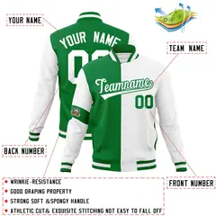 Kelly Green White Two Tone Split Letterman Varsity Jacket 4