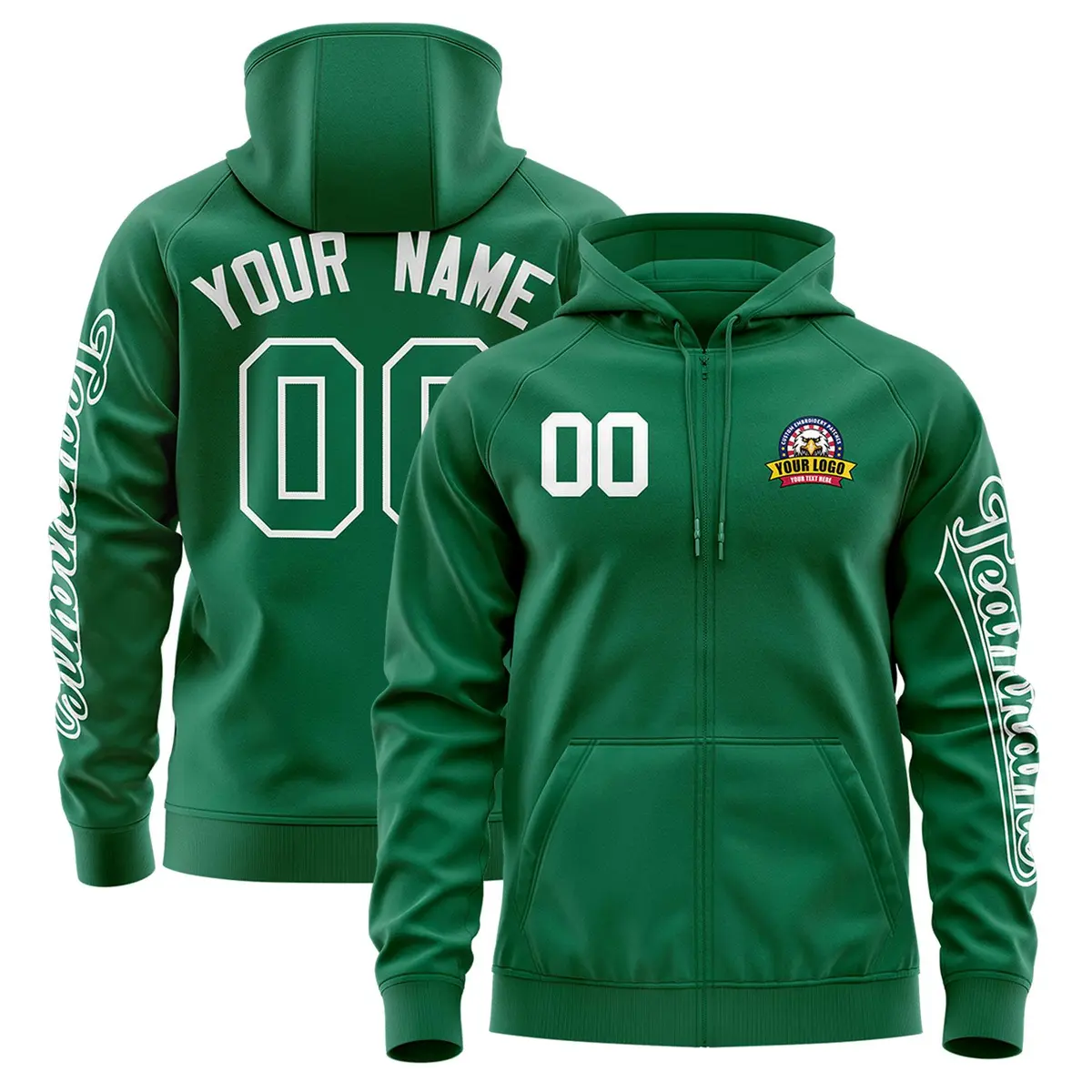 Kelly Green White Varsity Full-Zip Letterman Jacket Hoodie
