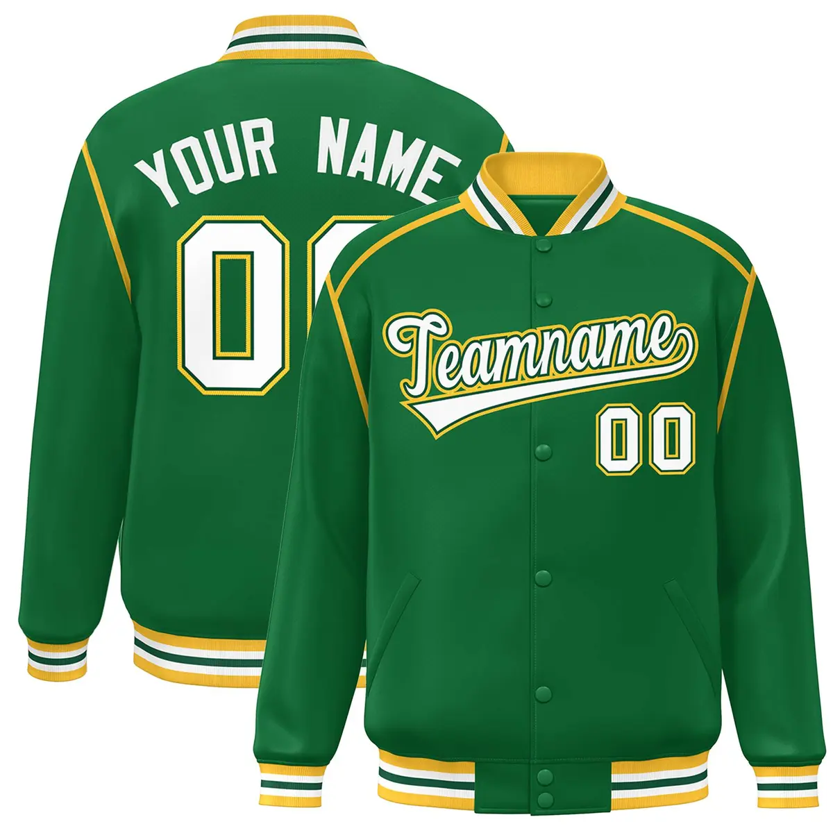 Kelly Green White-Yellow Color Block Ribbon Full-Snap Varsity Bomber Jacket