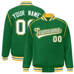 Kelly Green White-Yellow Color Block Ribbon Full-Snap Varsity Bomber Jacket