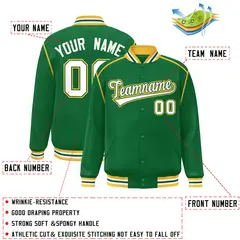 Kelly Green White-Yellow Color Block Ribbon Full-Snap Varsity Bomber Jacket 2