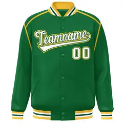 Kelly Green White-Yellow Color Block Ribbon Full-Snap Varsity Bomber Jacket 3
