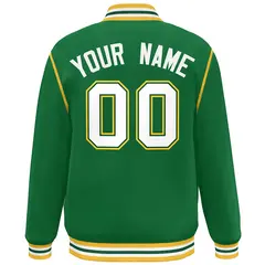 Kelly Green White-Yellow Color Block Ribbon Full-Snap Varsity Bomber Jacket 4