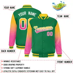 Kelly Green Yellow-Pink Gradient Varsity Full-Snap Raglan Baseball Jacket 2