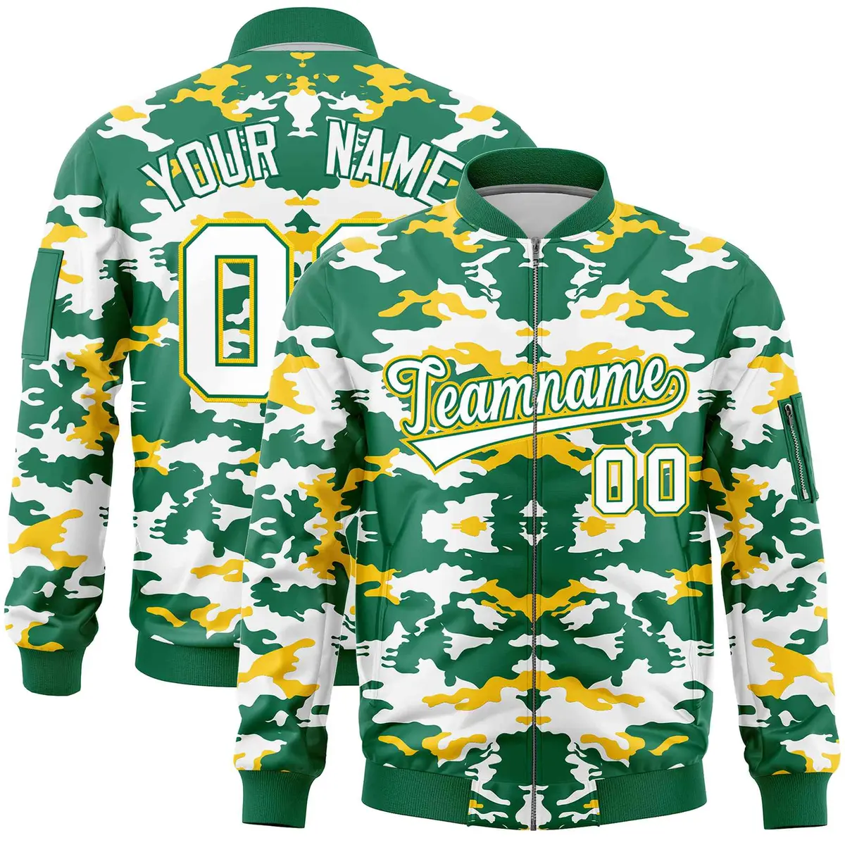Kelly Green Yellow-White Camo Full-Zip Letterman Bomber Jacket