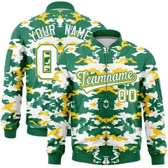 Kelly Green Yellow-White Camo Full-Zip Letterman Bomber Jacket