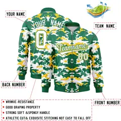 Kelly Green Yellow-White Camo Full-Zip Letterman Bomber Jacket 2