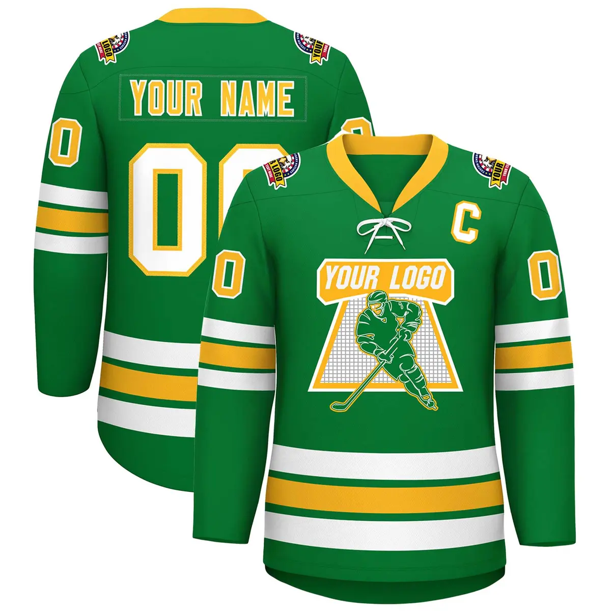 Kelly Green Yellow-White Lace-Up Neck Hockey Jersey