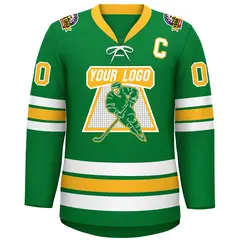 Kelly Green Yellow-White Lace-Up Neck Hockey Jersey 3