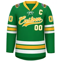 Kelly Green Yellow-White Lace-Up Neck Hockey Jersey 3
